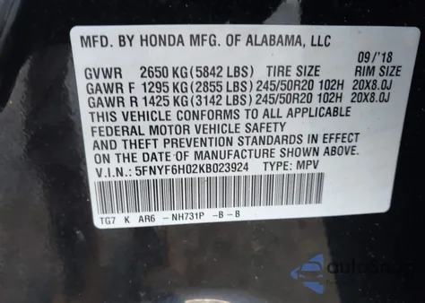 2019 Honda Pilot Elite z USA, uszkodzony, nr VIN 5FNYF6H02KB023924